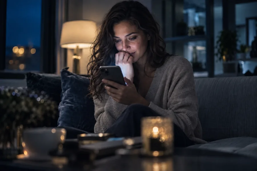 Mulher adulta jovem sentada no sofá ao fim do dia, a olhar para o telemóvel com expectativa.